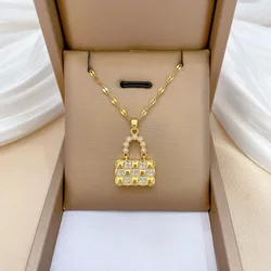 Luxury Zircon Pearl Handbag Pendant Necklace for Women Exquisite Gold Color Stainless Steel Chokers Korean Jewelry Accessories