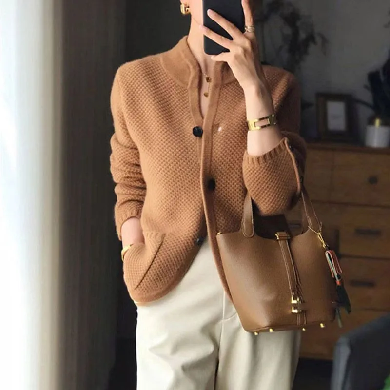 كارديجان كشمير سميك مفتوح للنساء، سترة بياقة عالية، ملابس خارجية محبوكة فضفاضة، أزياء خريفية وشتوية بأسلوب عصري