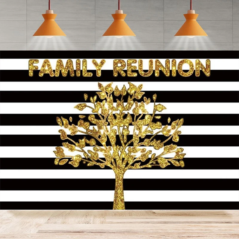 Photography Backdrop Black And White Striped Family Reunion Home Decoration Golden Family Tree New Year Party Background Banner