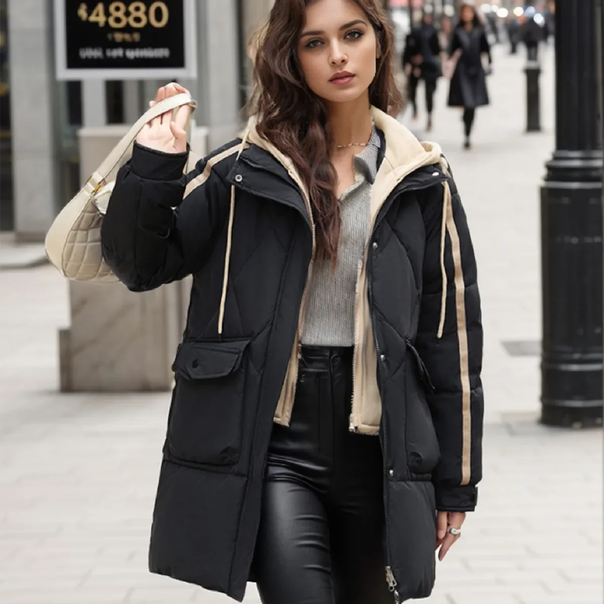 2025 Women's Winter Coats Woman Cotton Jacket Hooded Contrast Thicken Warm Parkas Coats Female 2 Pocket  Casual Padded Jacket