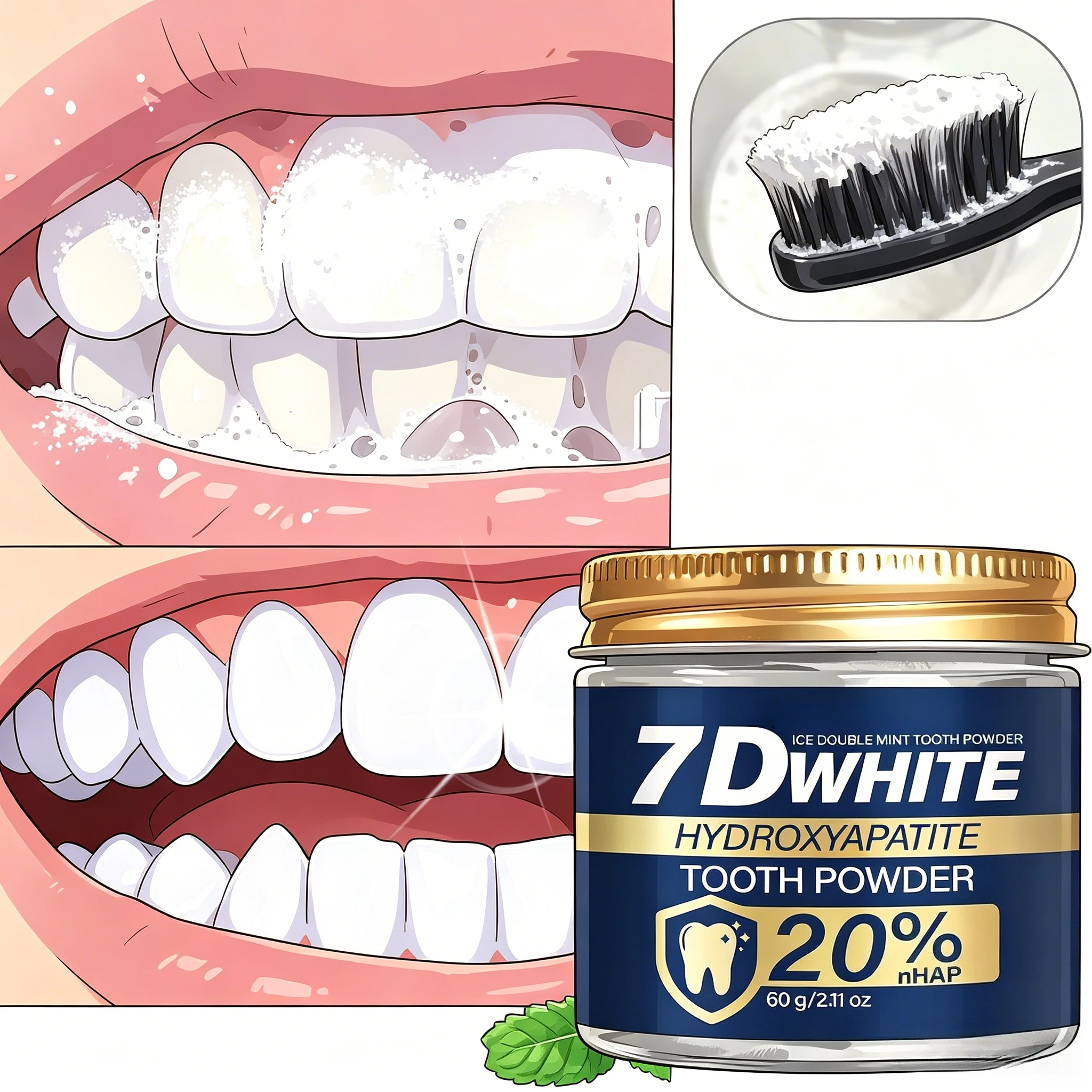 Hydroxyapatite Tooth Powder 60g, 20% nHAP & Charcoal Whitening Toothpaste Powder, Double Mint for Fresh Breath, Oral Care
