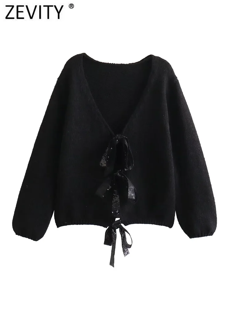 Zevity New Women Fashion V Neck Sequined Bow Belt Design Knitting Sweater Female Chic Eleagnt Cardigan Casual Coats Tops CT5891