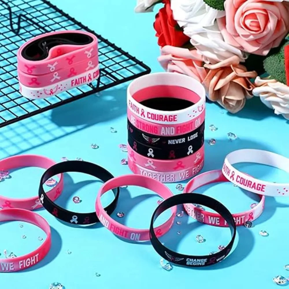 6/8PCS New Silicone Breast Cancer Awareness Bracelets Hope Faith Rubber Bracelet Strength Courage Inspiring Bracelets Unisex