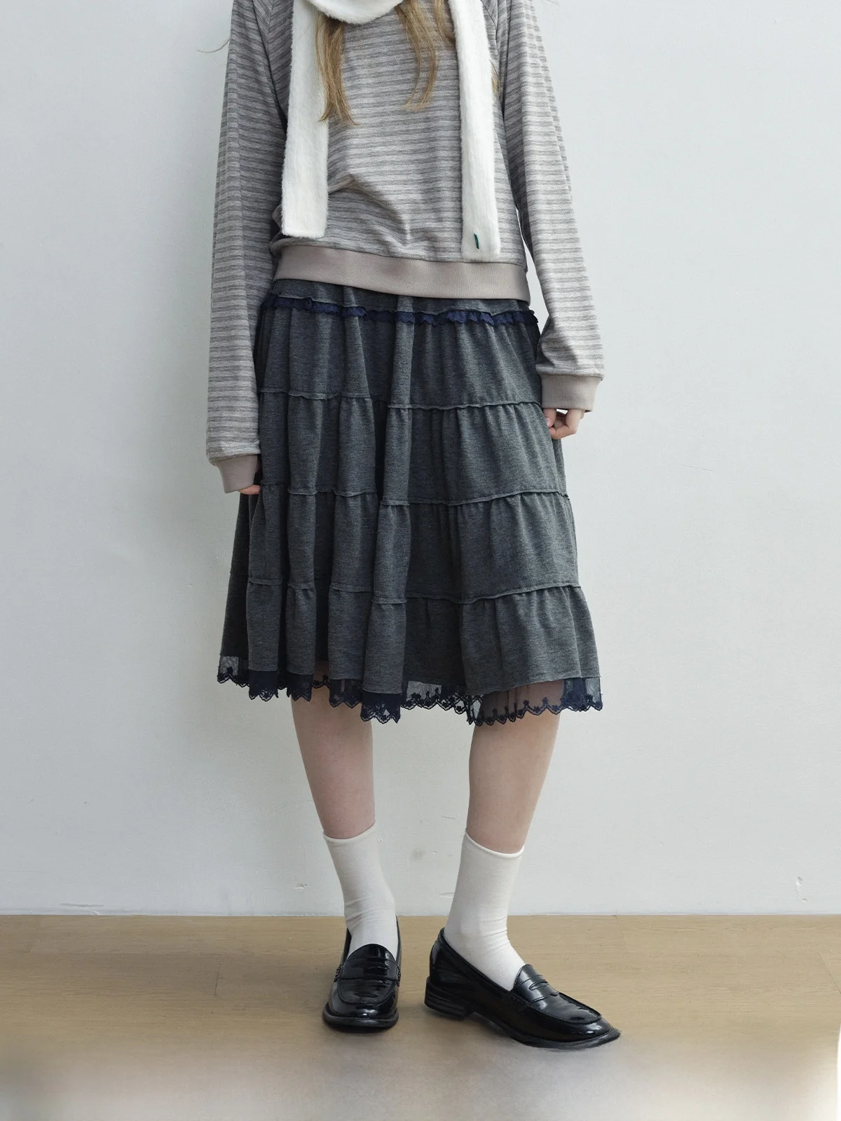 

Kokoasoko Grey Lace Insert Layered Cake Skirt Women's Summer New Loose High Waist A-Line Skirt Breathable Cotton Skin-Friendly
