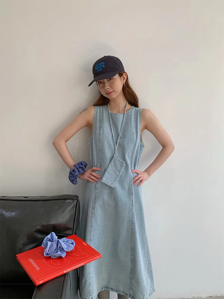 Kamizelka Sukienki dla kobiet Denim Długa sukienka Okrągły kołnierz Bez rękawów Distressed Vintage Vestidos 2025 Kobieta Streetwear A Line