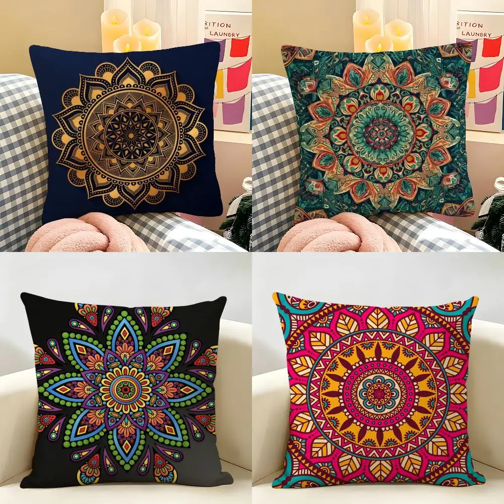 Mandala Style Decorative Cushion Cover Natural Linen Double Sided Print  Throw Pillow Case for Sofa Couch Home Decor