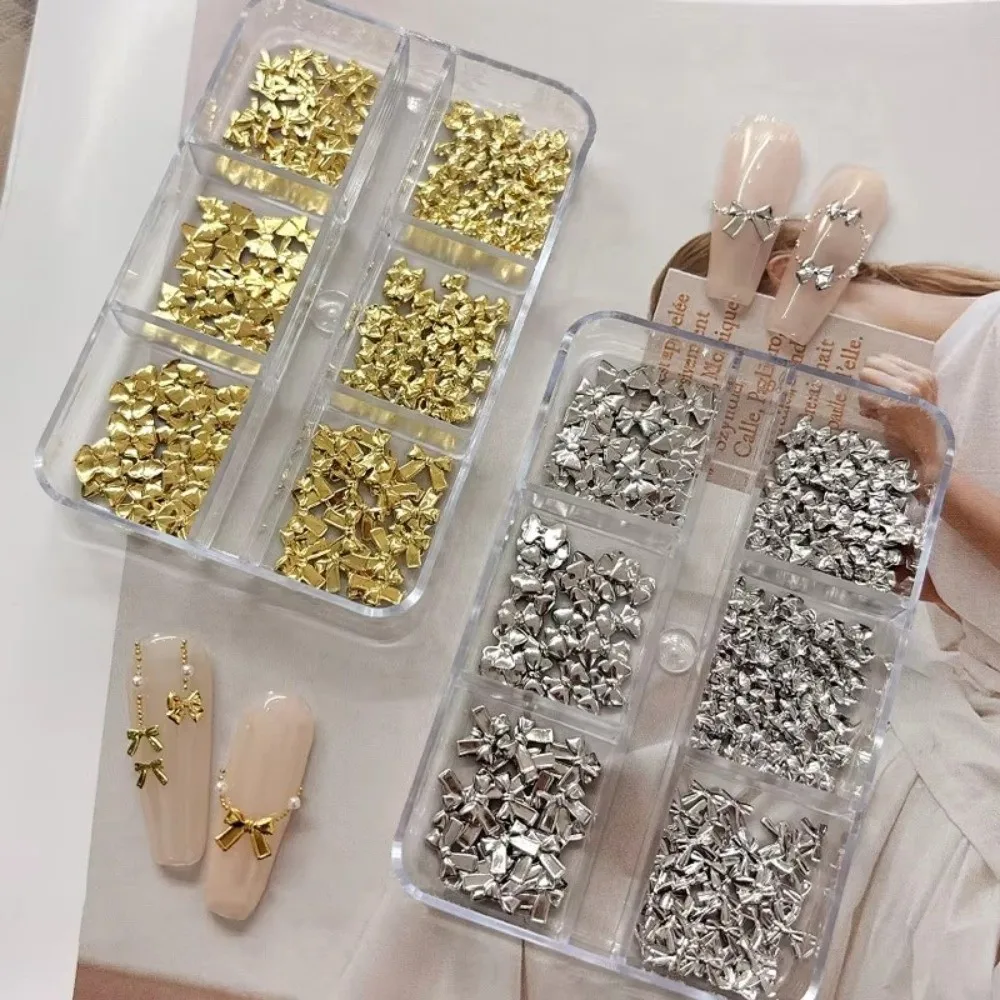 Approximately 150 Pcs DIY Manicure Nail Charms Gold Silver Color Rhinestones Embellished Mini Bow Nail Accessories Multi-Size