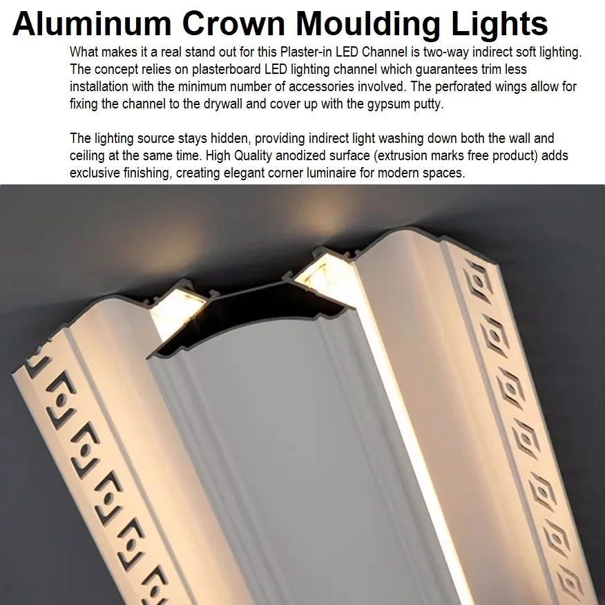 Indirect LED, Aluminum Crown Moulding Lights, Plaster-in Extrusion Profiles for LED Cove Lighting, Cornices Lamps