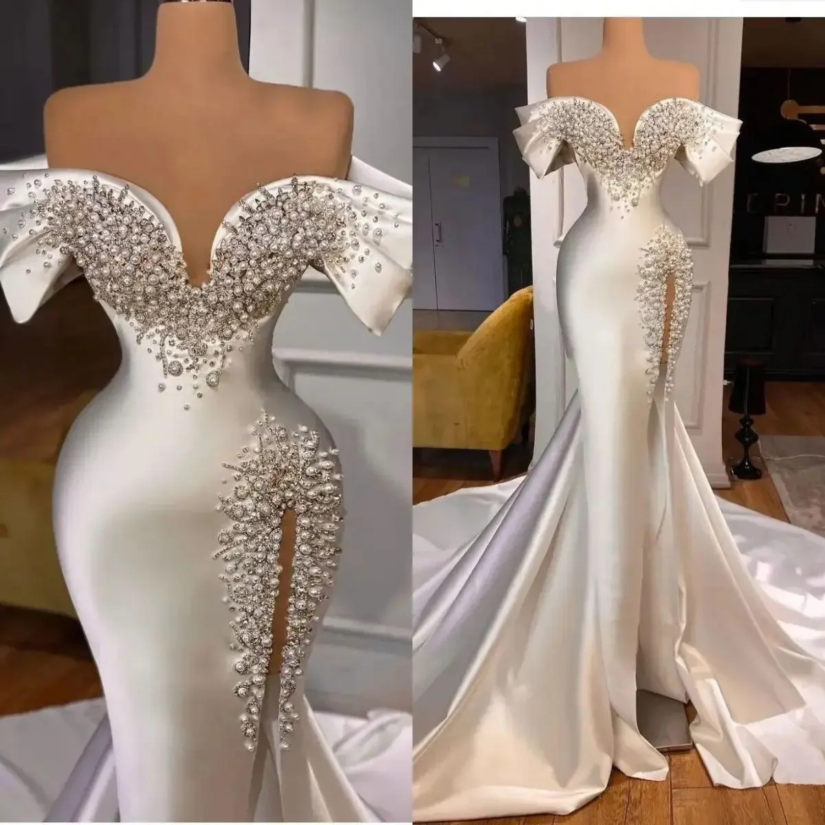 

Customized Luxury Sweetheart Handwork Pearls Beading Wedding Dresses Sweep Train Off The Shoulder High Split Mermaid Plus Size B