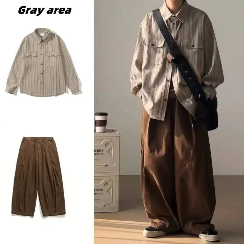 Spring Autumn Japanese Style Set Retro Vertical Stripe Long Sleeve Shirt  Unisex College Style Loose Casual Layering Blouse
