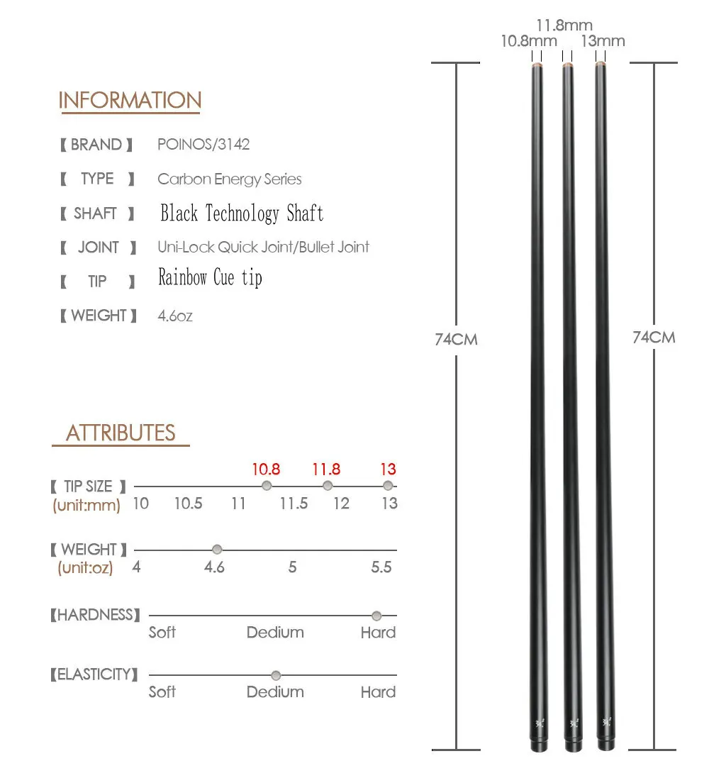 

PREOAIDR /POINOS 3142 Black Carbon Energy Billiards Pool Cue Shaft 10.8/11.8/13mm