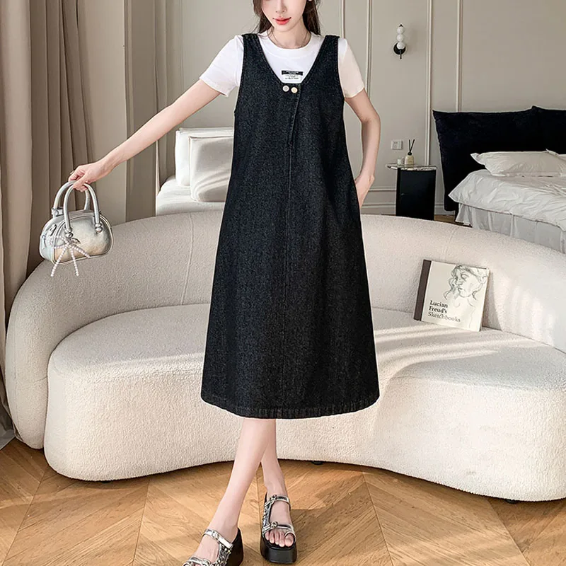

Summer Women's Loose Casual Spaghetti Strap Denim Dress Plus Size Sleeveless Black Jeans Thank Female Robe Vestidos KE25