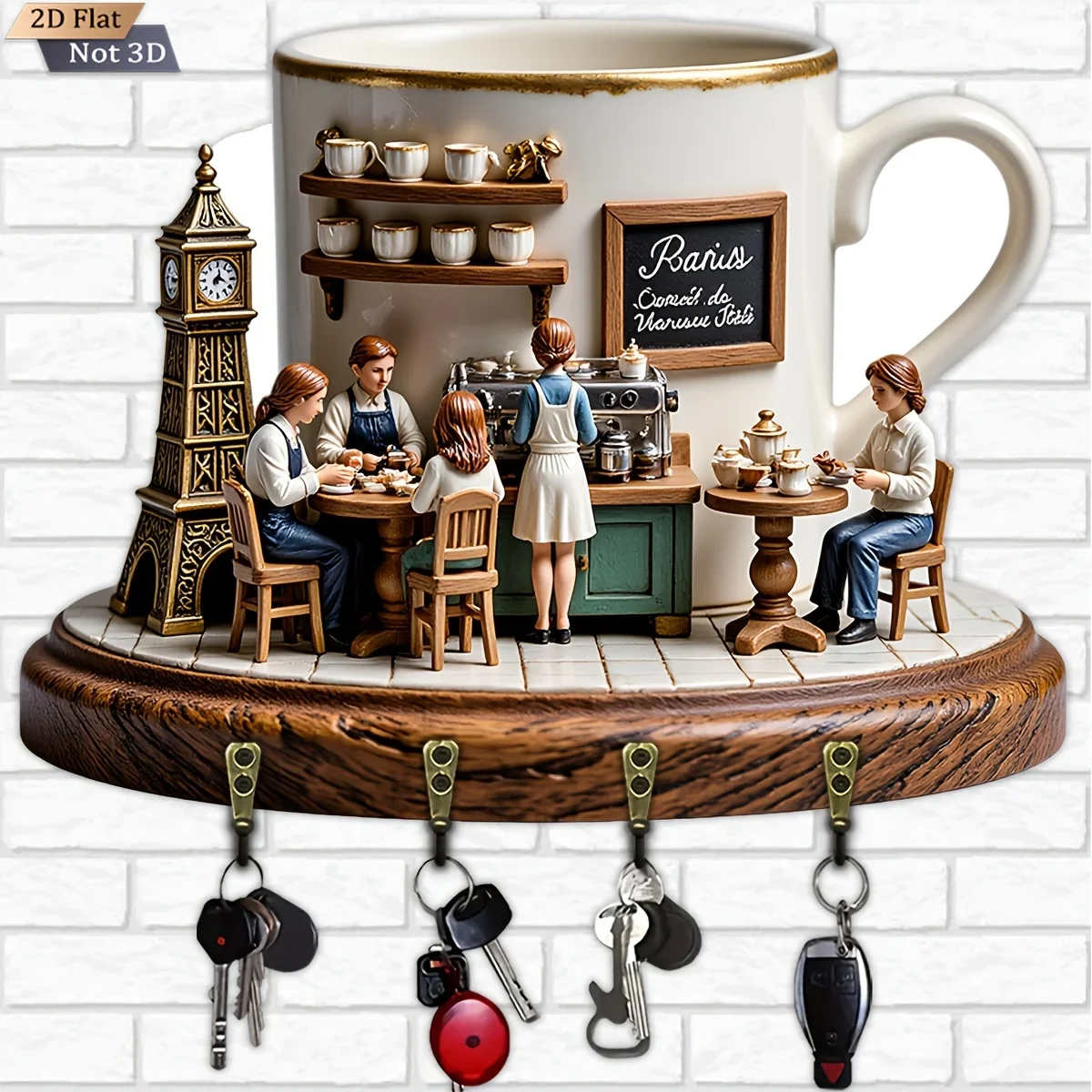 2D Flat, 1pc, Cafe Scene Key Hook Wooden Multifunctional Home Key Holder with Four Metal Hooks, Wall Decoration, Porch