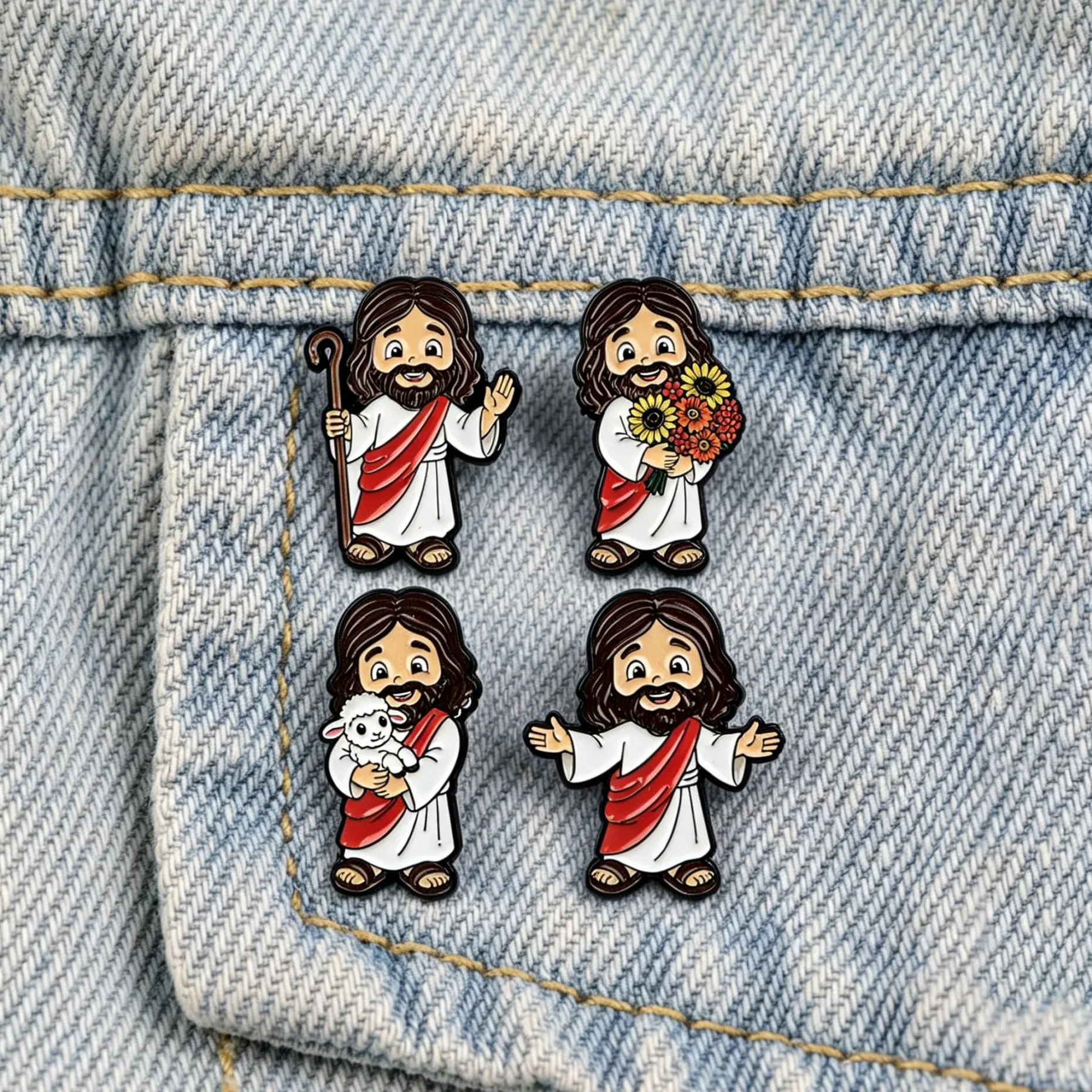 Broches en émail Jésus dessin animé mignon, broches mouton fleuri, badges de revers religieux, décorations pour sacs à dos en jean, vêtements, bijoux, cadeau