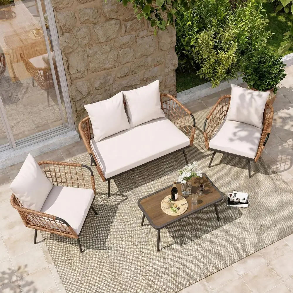 

4-Piece Outdoor Patio Furniture Set with Rattan Balcony Chairs and Coffee Table, Ideal for Patio, Porch, Balcony, and Backyard