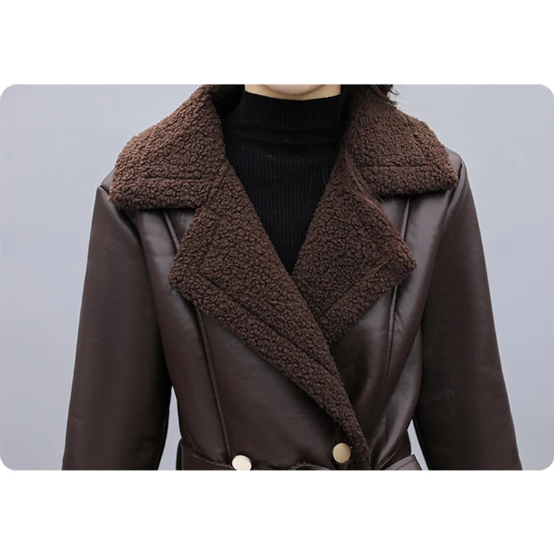 Autumn Winter Leather Windbreaker Jacket Women Double-Breasted Tops Loose Casual Thick Warm Fur One Leather Coat  Female Outwear