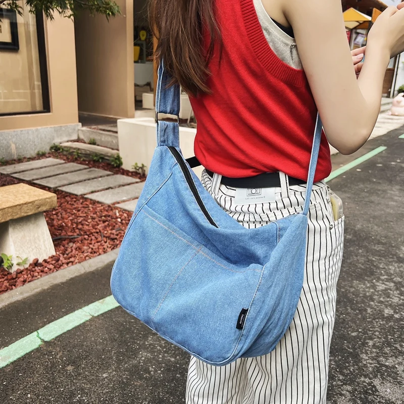 

Large Capacity Denim Crossbody Bags For Women College Student School Bags Solid Casual Shoulder Bag Travel Shopper Messenger Bag