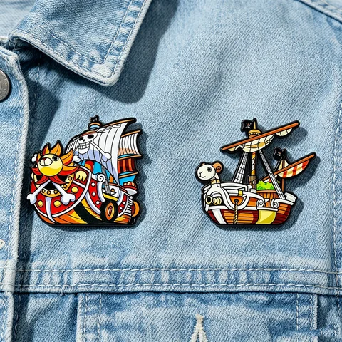 2pcs Anime Enamel Pins Set Thousand Sunny & Going Merry Pirate Vessels Metal Brooch Badges Collectible for Fans