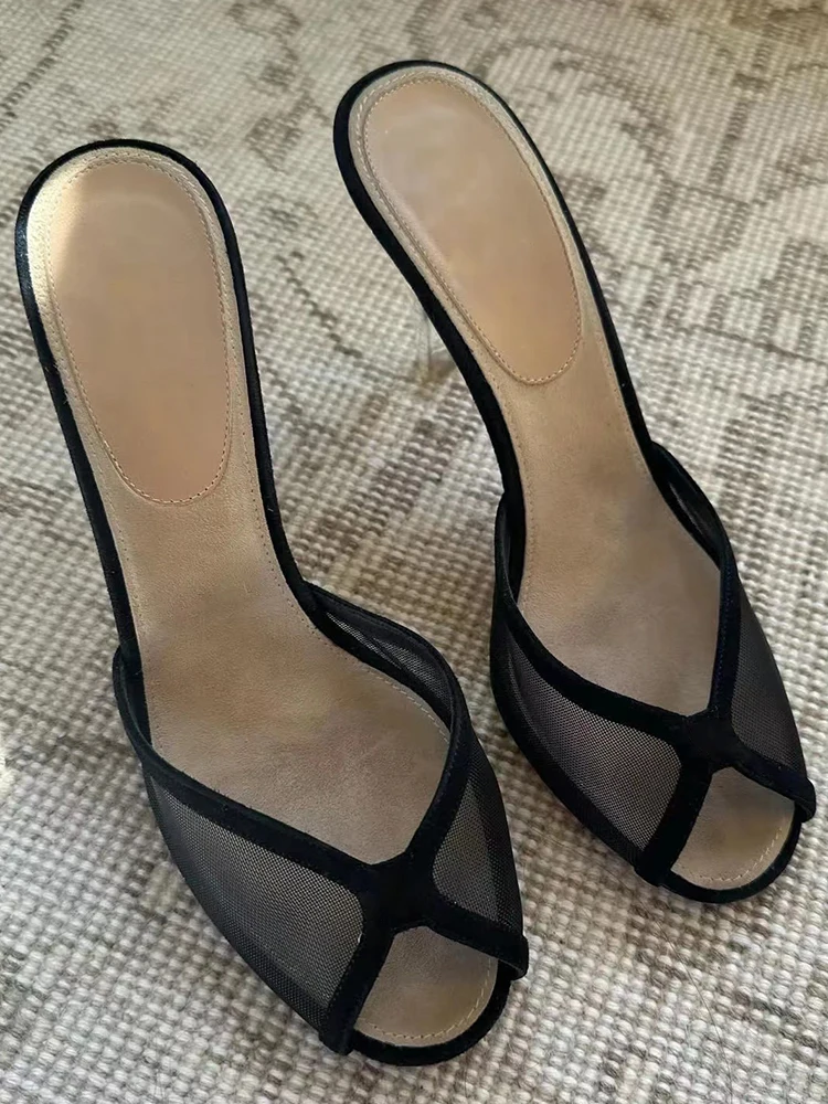 Peep Toe Mesh Mules Summer Stiletto Heels Slip On Hollow Summer Outside Cross Straps Casual Women Dress Shoes Rubber Sole