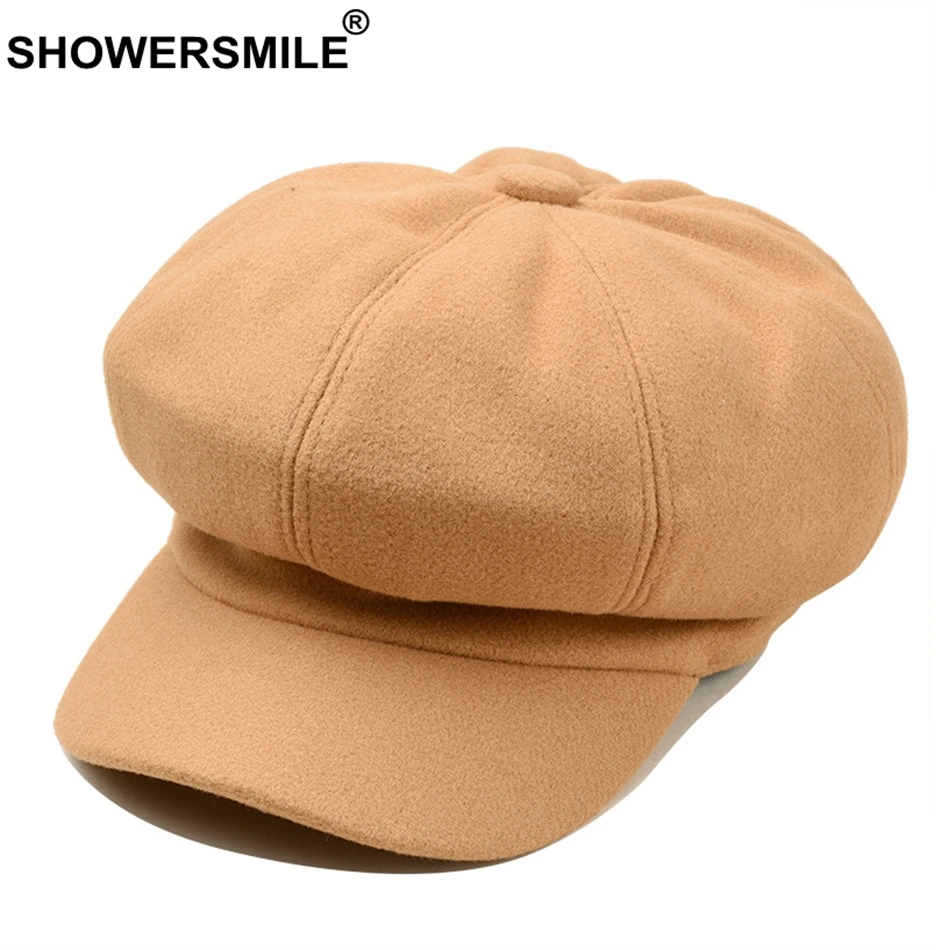 SHOWERSMILE Womens Newsboy Caps Beret Solid Wool Octagonal Cap Ladies Pink Painters Hat Female Autumn Colorful French Artist Hat