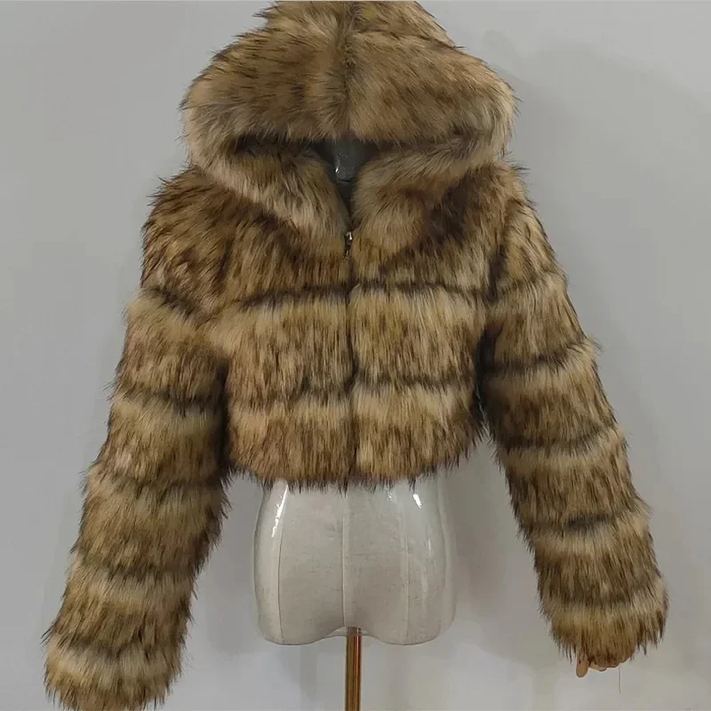 Outono peludo recortado casacos de pele do falso jaquetas femininas fofo casaco superior com capuz em linha reta curto inverno jaqueta de pele moda streetwear novo