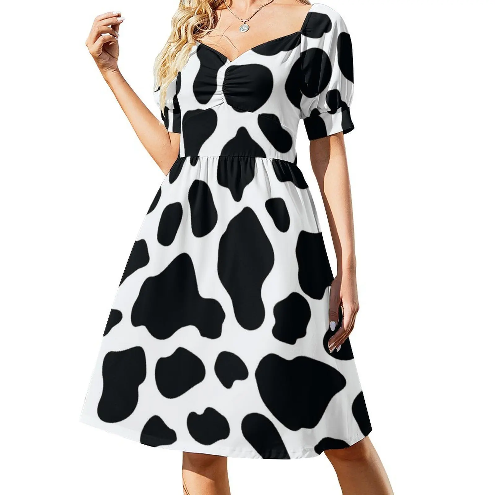 Cow Print Korean Style Casual Dress For Women Simple Daily Office Lady Dresses Cow Cow Spots Cow Pattern Black And Women's Dress