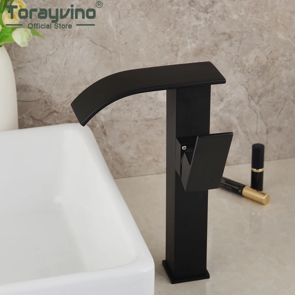 

Torayvino Matte Black Waterfall Basin Faucet Single Handle Hot and Cold Water Tap for Bathroom Washbasin Sink Mixer Torneira