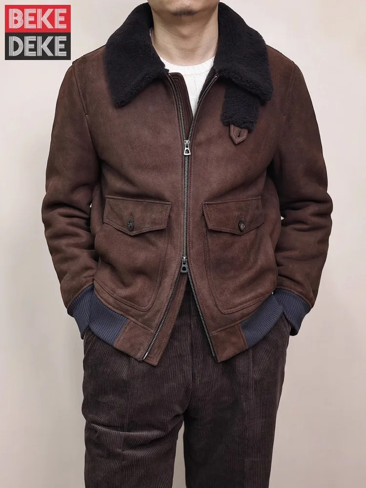 

Mens Real Suede Leather Jacket Wool Liner Winter Zipper Long Sleeve Casual Vintage Loose Thick Natural Shearling Luxury Outwear