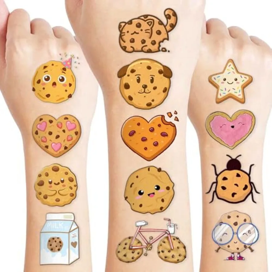 

96PCS Cookie Pre-Cut Temporary Tattoos 8 Sheets Milk and Cookies Party Decorations Supplies Favors Candyland Theme Birthday Cut