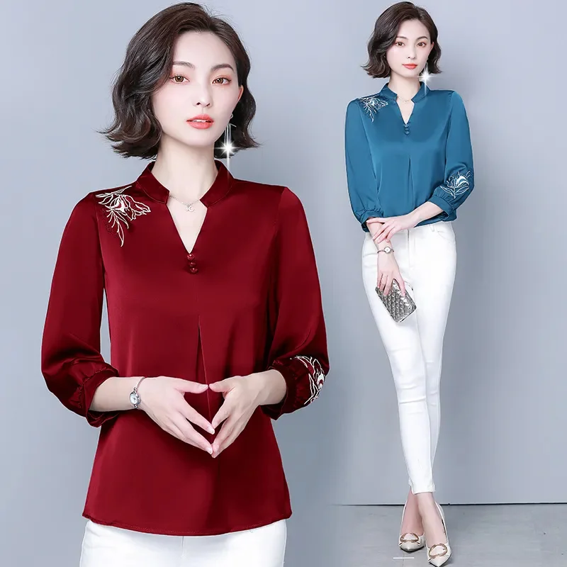 Spring Summer Short Silk Shirt Women 2024 New Loose V-Neck Pure Colour Shirts Fashion Embroidery Nine-Point Sleeve Blouse Female