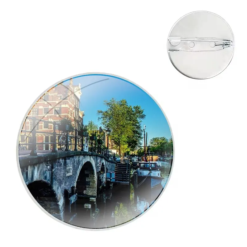 Glass Dome Brooches Shirt Lapel Bag Cute Badge Pins For Clothes Hat Accessories Amsterdam landscape beautiful scenery