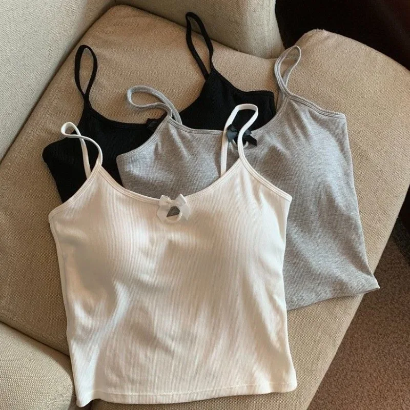 Summer Sexy Black Grey Tank Top Women Sleeveless Bow Tie Padded Bra Chest Cushion Cropped Vest Casual Slim Fit T Shirts Vest