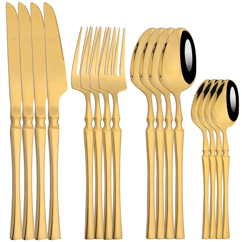 16Pcs Gold Dinnerware Set Stainless Steel Cutlery Set Kitchen Mirror Western Tableware Set Knife Fork Spoon Dinner Set