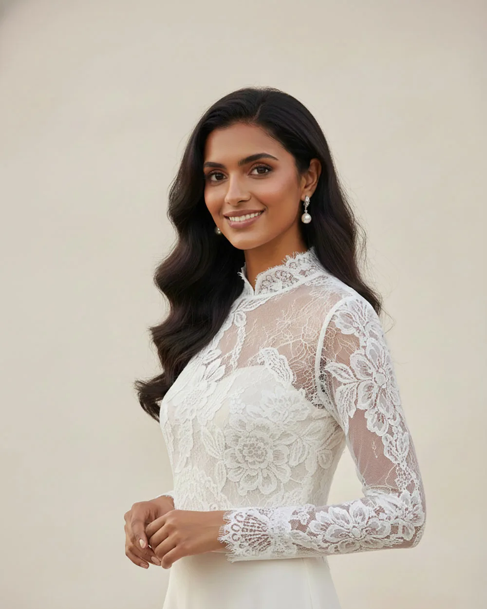 Elegant Lace Applique Bridal Jacket High Neck Long Sleeve Back Button Women Bride Wraps For Wedding Ceremony Customized