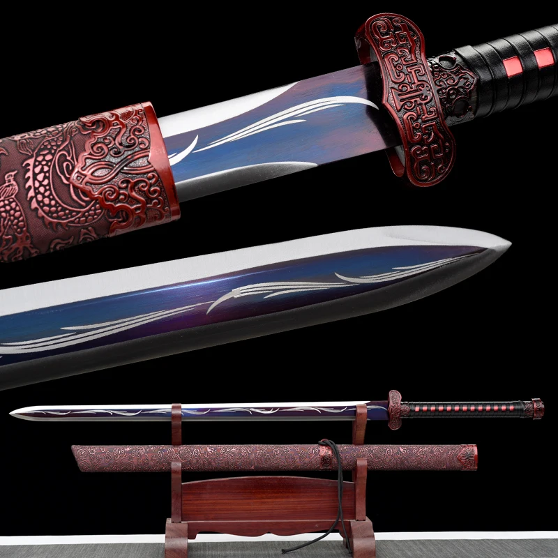 Espada Tang Medieval 1060 hoja púrpura de acero al carbono Real Tang completo afilado listo para batalla samurái Jian espada dragón rojo Kongfu Katana