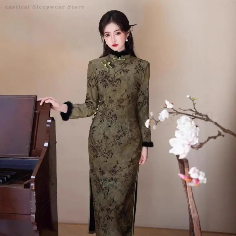 

Новое платье в китайском стиле, женское длинное платье Cheongsam, осень-зима, новое утепленное традиционное вечернее платье Ципао с длинными рукавами и принтом