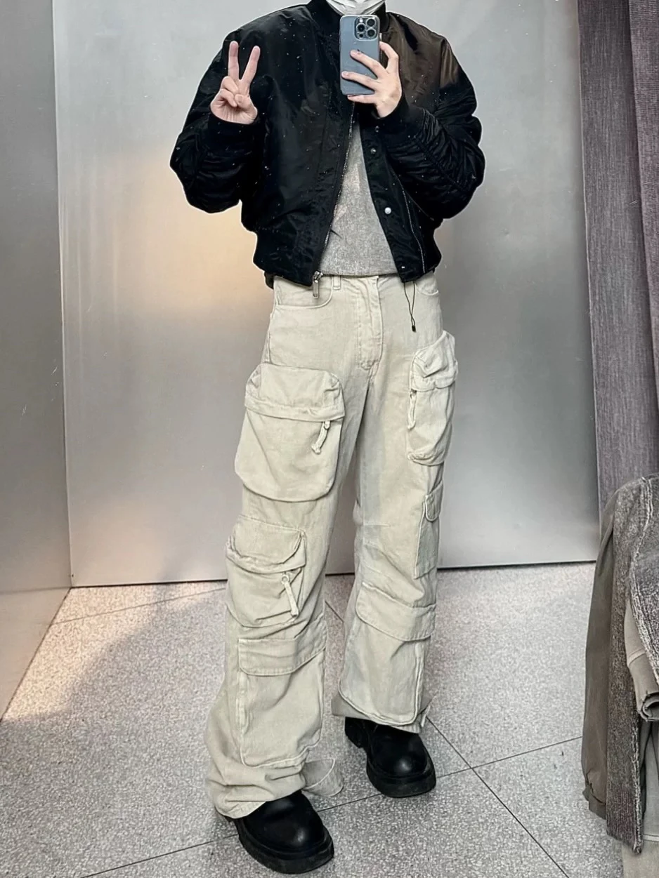 

Functional Casual Wide Leg Men's Jeans with kets Spring Leisure Straight Cut Long Pants All Season Color Boy's Wear