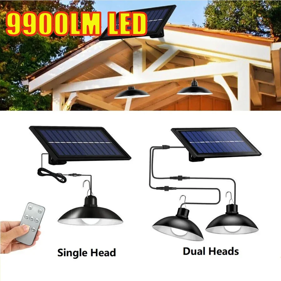 Single Dual Heads Solar Pendant Lights Remote Control Indoor Outdoor Shed Lamp Led Hanging for Storage Room Yard Porch Garden