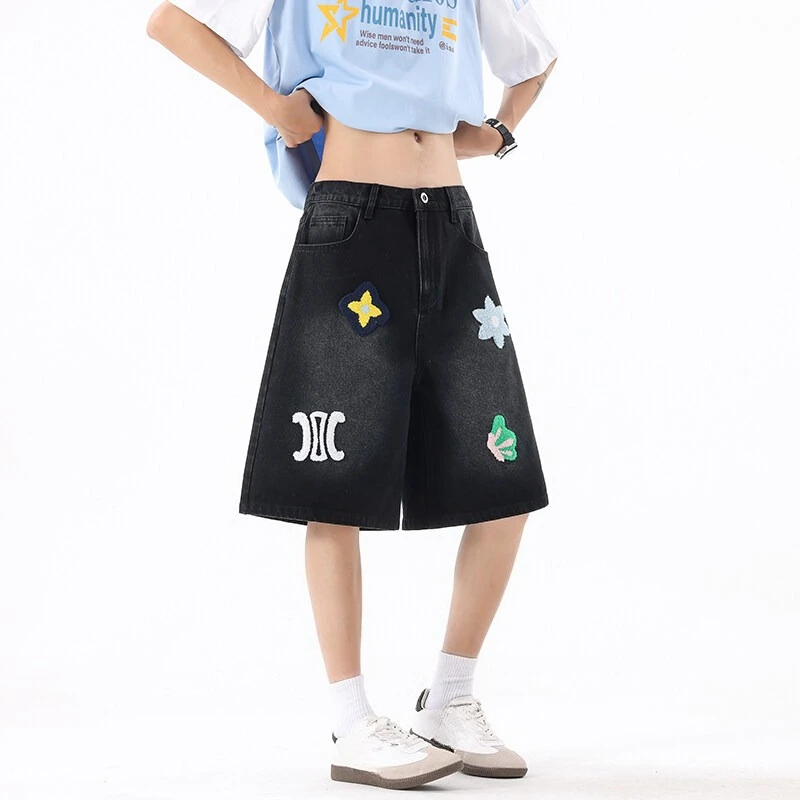 Streetwear กางเกงยีนส์เข่าความยาวแฟชั่น Patch รูปแบบผู้ชายห้านาทีกางเกงฤดูร้อน Hip Hop INS Baggy DENIM กางเกงขาสั้น