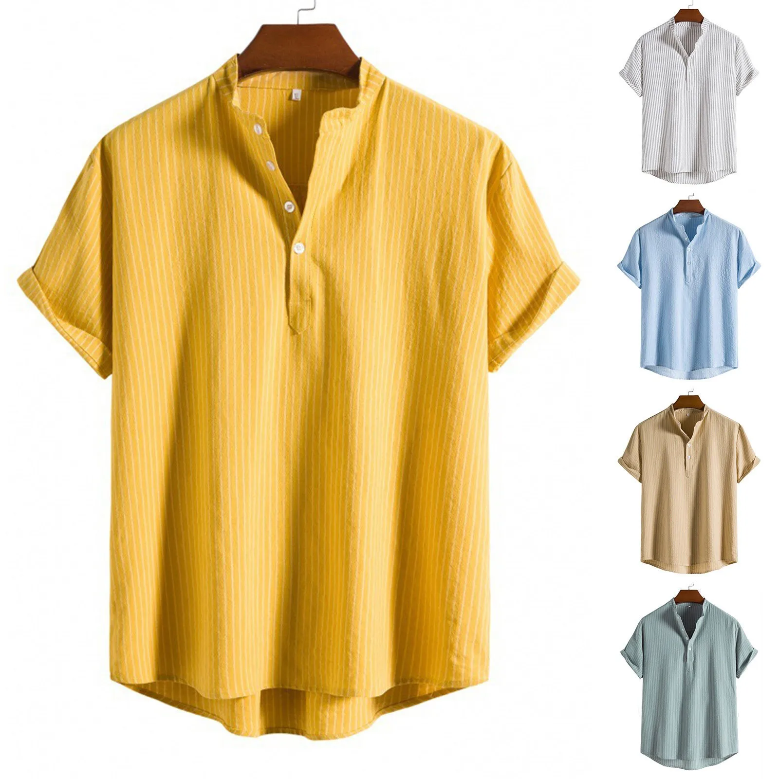 Men\'s Casual Blouse Cotton Linen Shirt Loose Tops Short Sleeve Tee Shirt Button Yellow Shirt Casual Handsome Men Shirts