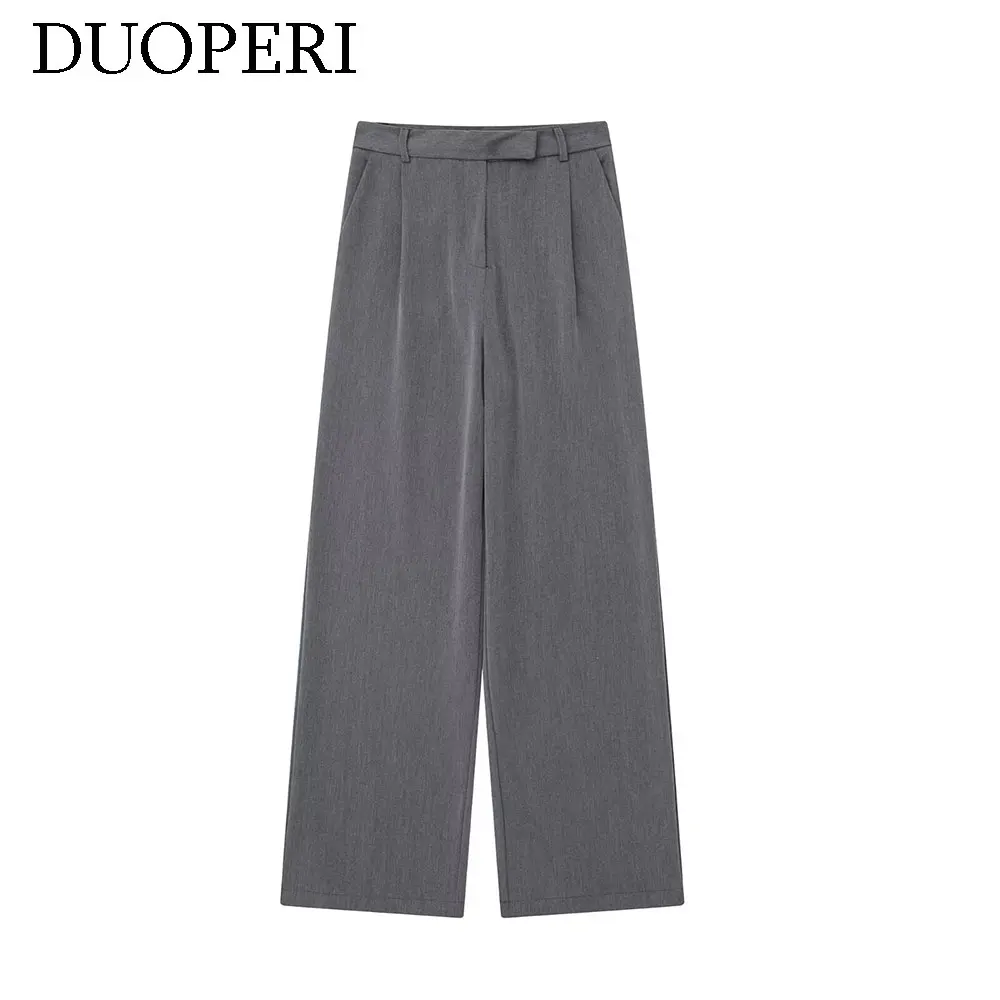 DUOPERI Women Fashion Solid Pleated Straight Wide Leg Trousers High Waist Full Length Female Chic Office Lady Basic Long Pant