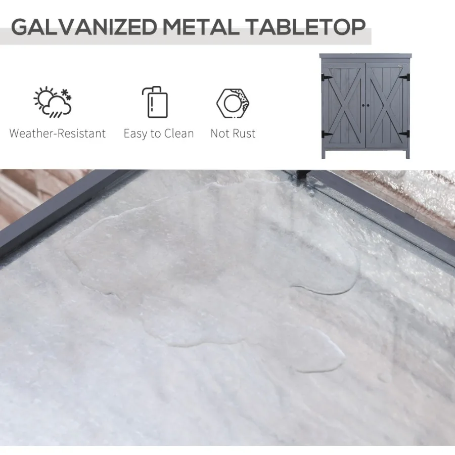 خزانة تخزين للفناء مع سطح مجلفن وأرفف مزدوجة مقاومة للصدأ مع مقبض أقدام مرتفعة لأداة الفناء باللون الرمادي