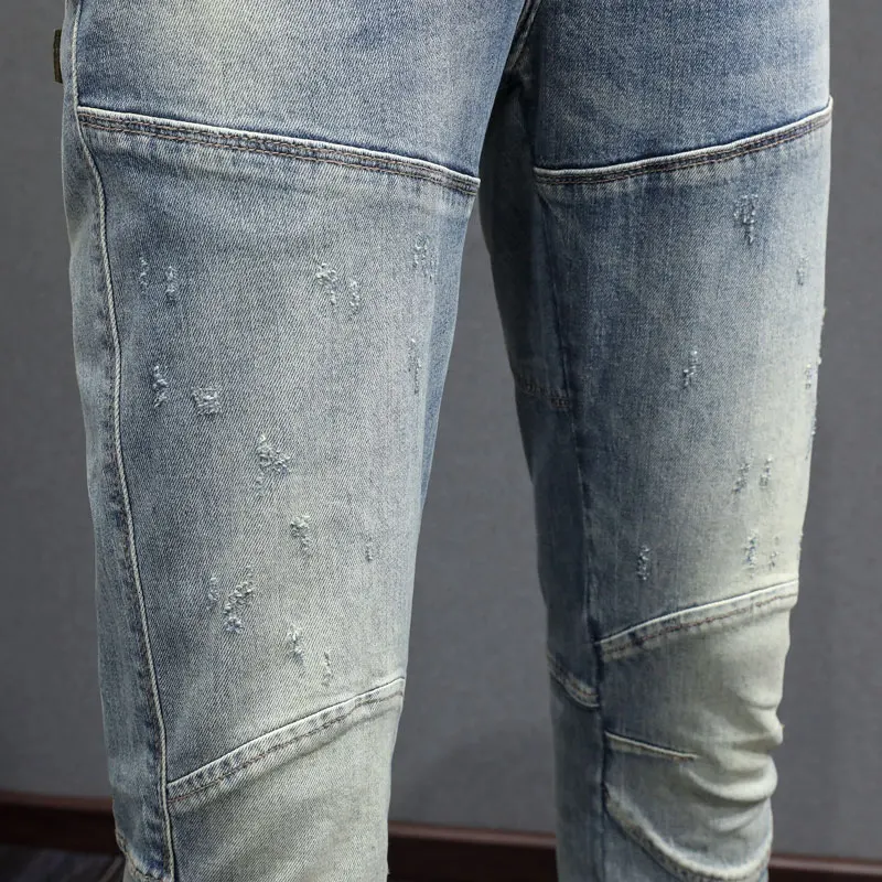High Street Fashion Men Jeans Retro Washed Blue Stretch Spliced Designer Slim Fit Biker Jeans Men Hip Hop Denim Ripped Pants