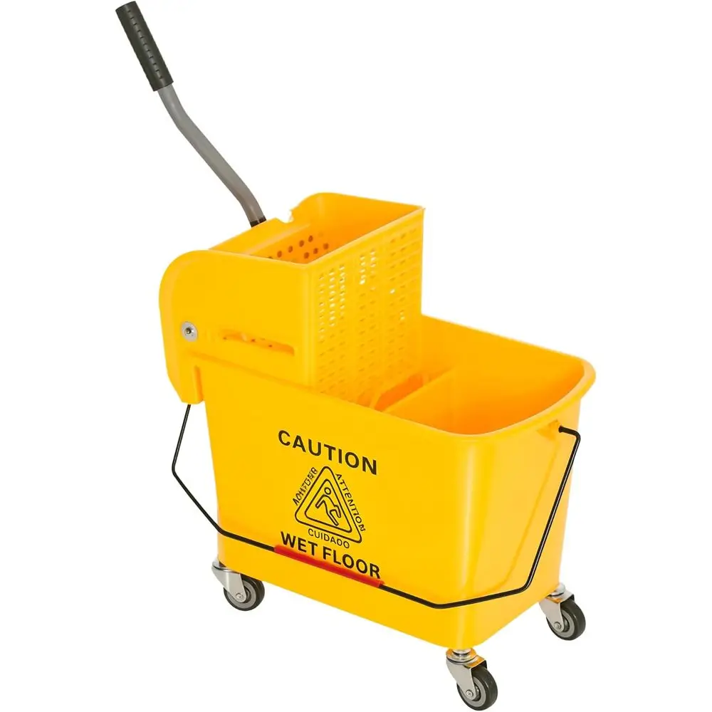 

21 Quart Wheeled Mop Bucket with Dual Water Tanks and Wringer, Ideal for Home Cleaning, Yellow