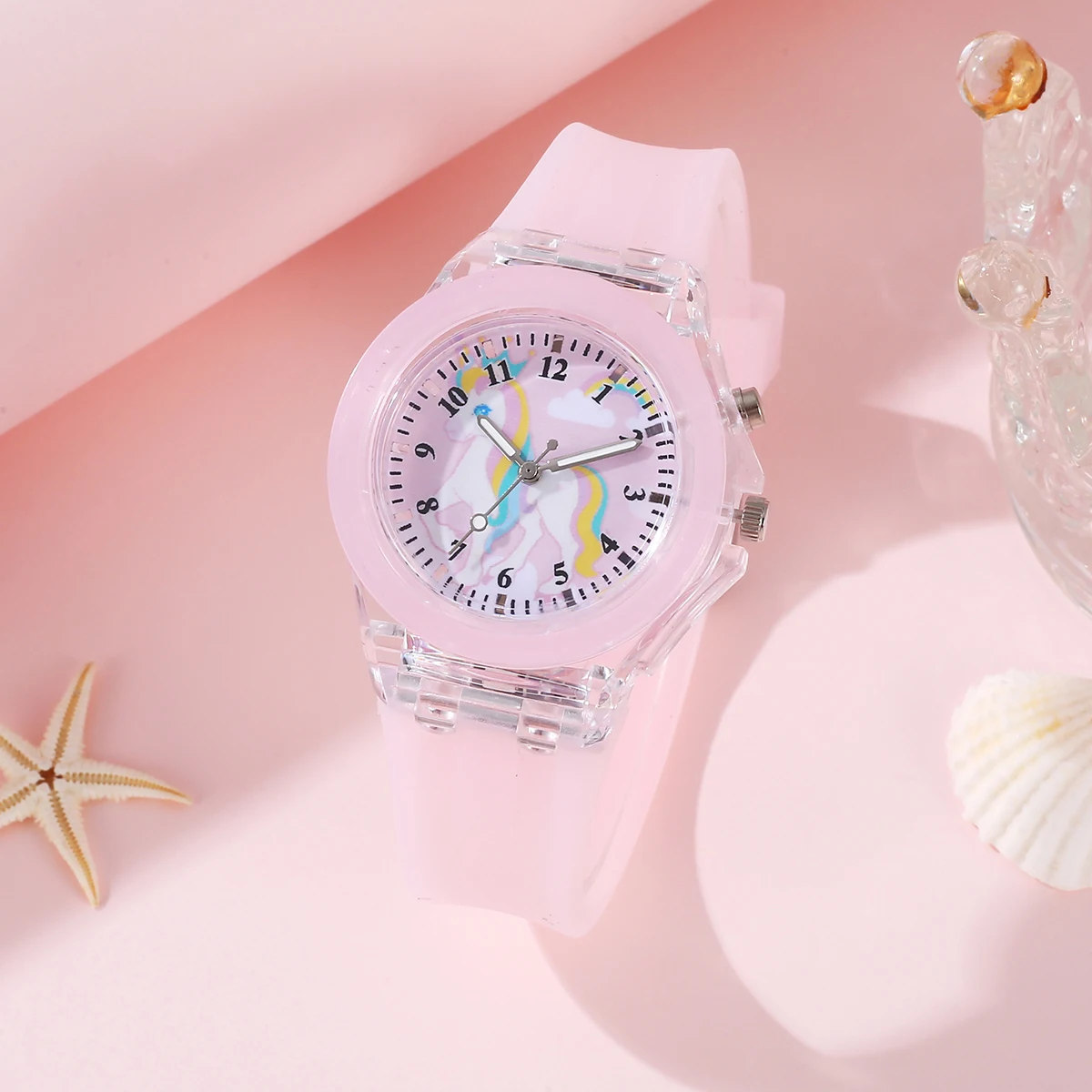 1PCS Girl Cute Student Little Fresh Unicorn Pink Light Quartz Silicone Watch +1Pcs Burst Bead Bracelet +1Pcs Pink Box Set