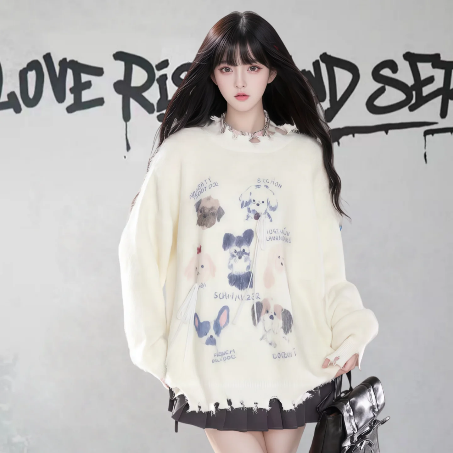 

Женский свитер Laid-ba Sle Dog Hole Camere, осенне-зимний, из плюшевого вельвета, свободного кроя, с милым мультяшным принтом, вязаный