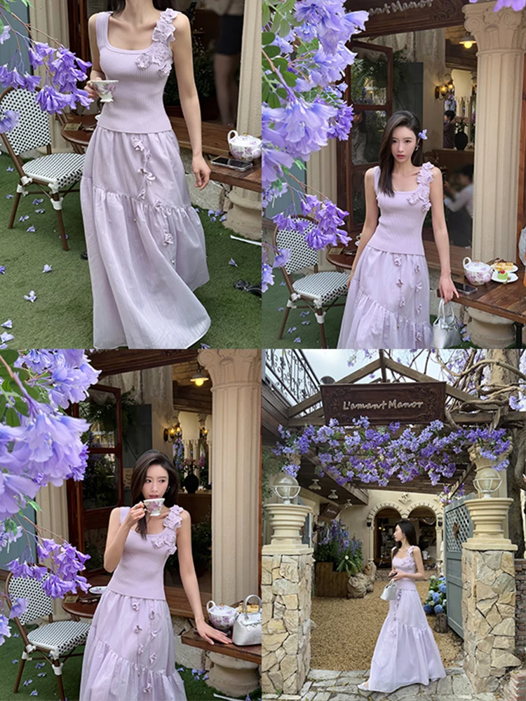 

Вязаный жилет ручной работы ZQ с объемной вышивкой, фиолетовый, женский, с юбкой-полусолнце, уникальный дизайн, комплект