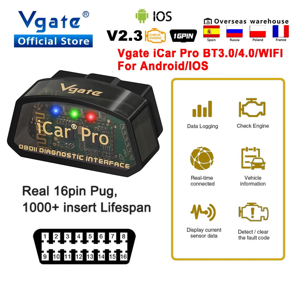 

Автомобильный диагностический сканер Vgate iCar Pro, Wi-Fi, ELM327, V2.3, OBD2, Bluetooth 4,0, ELM 327, для Android/IOS