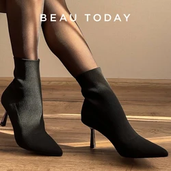 BEAUTODAY High Heel Modern Boots Women Fabric Pointed Toe Black Color 2023 Spring Retro Elegant Ladies Shoes Handmade 03925