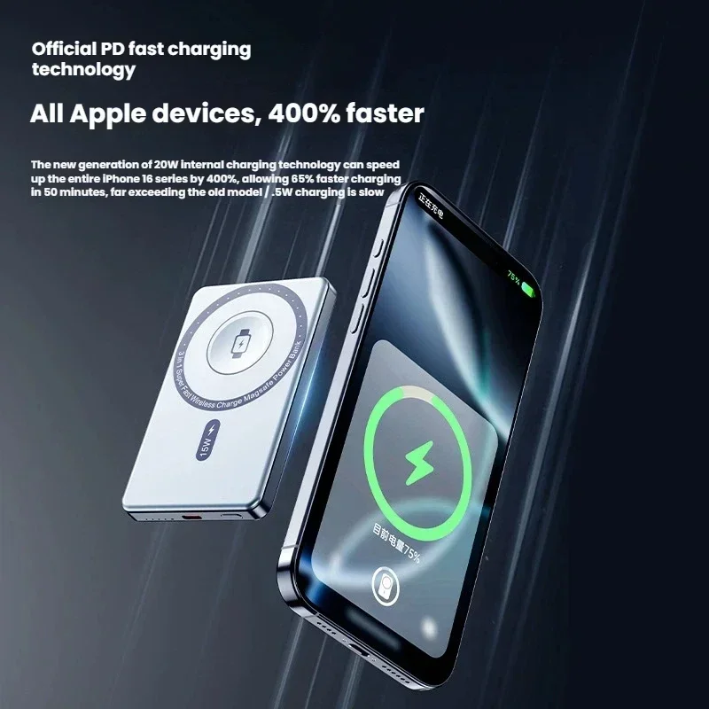 ユニバーサル50000mAhマグネット式モバイルバッテリー、PD20W急速充電、スマホ/腕時計/イヤホン対応ワイヤレス充電機能搭載